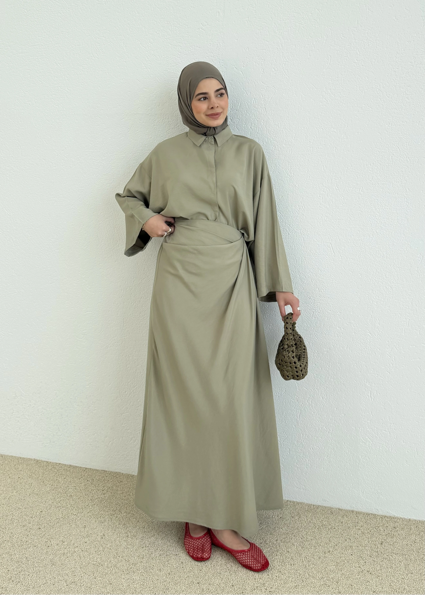Zra Model Draped Skirt Set - olive green