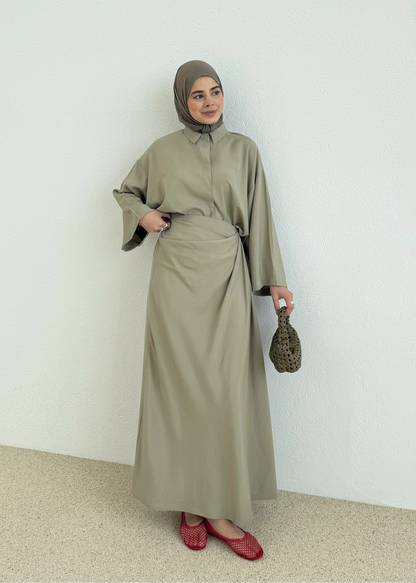 Zra Model Draped Skirt Set - olive green