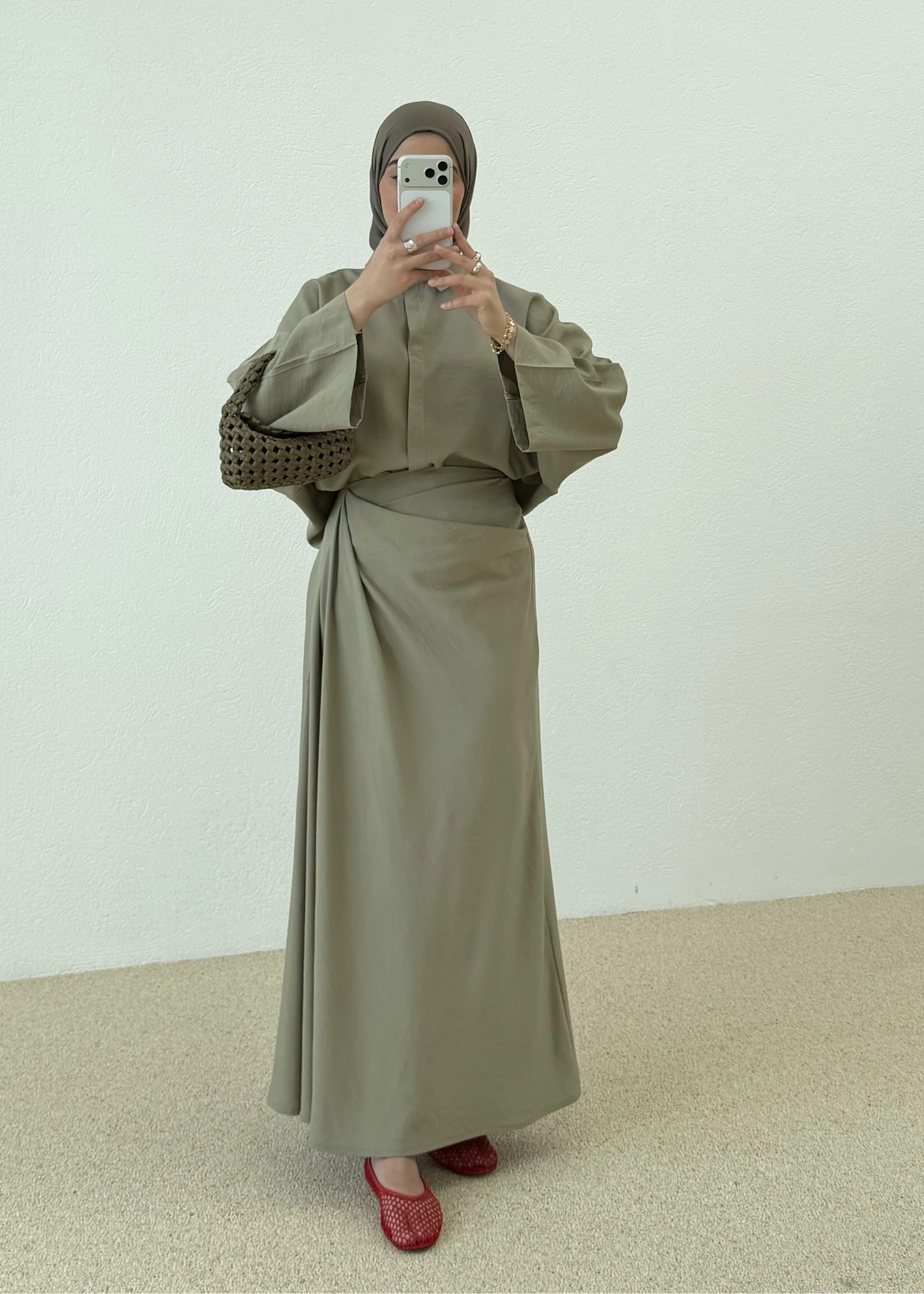 Zra Model Draped Skirt Set - olive green