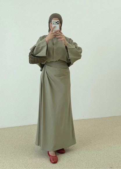 Zra Model Draped Skirt Set - olive green
