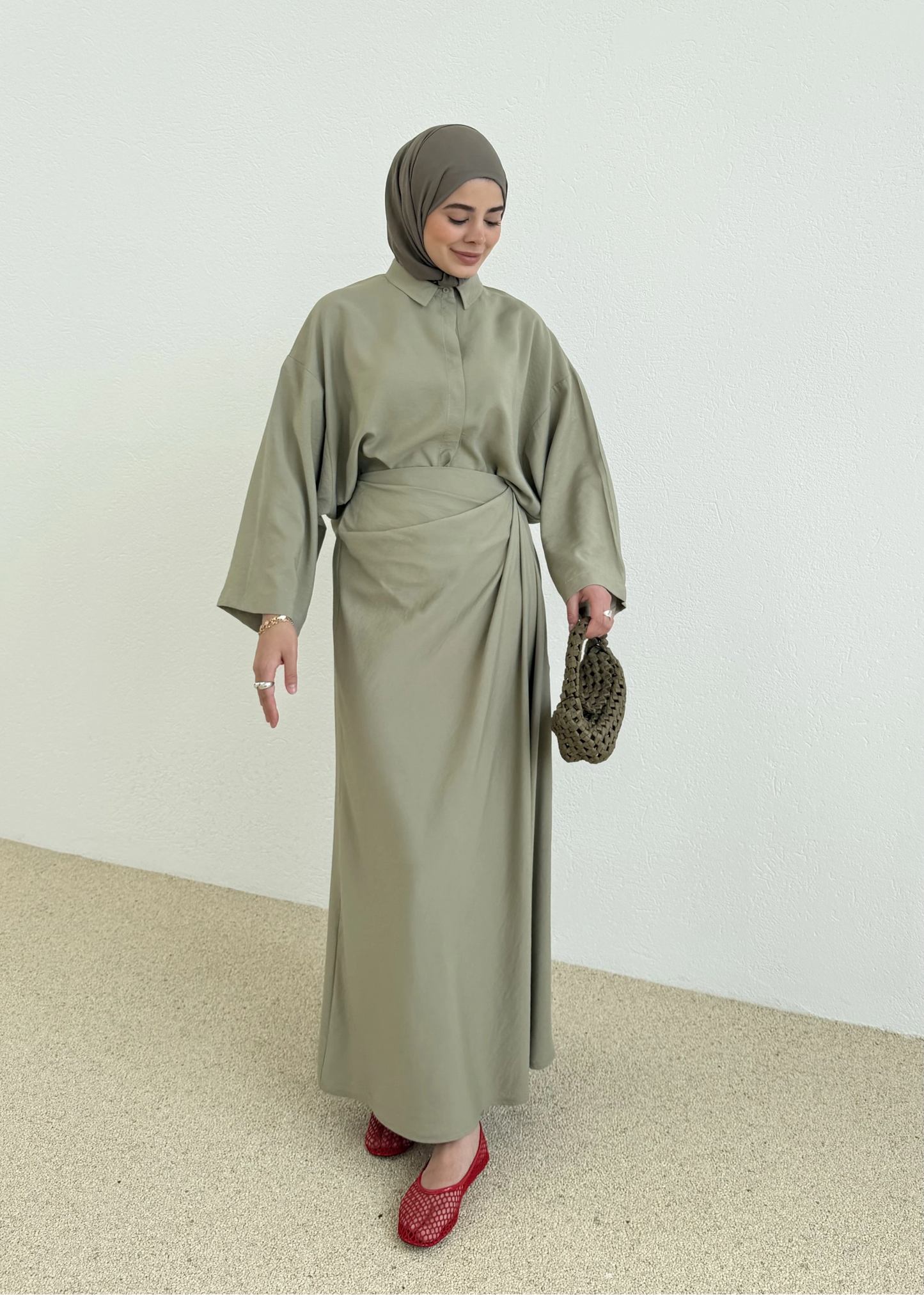 Zra Model Draped Skirt Set - olive green