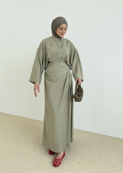 Zra Model Draped Skirt Set - olive green