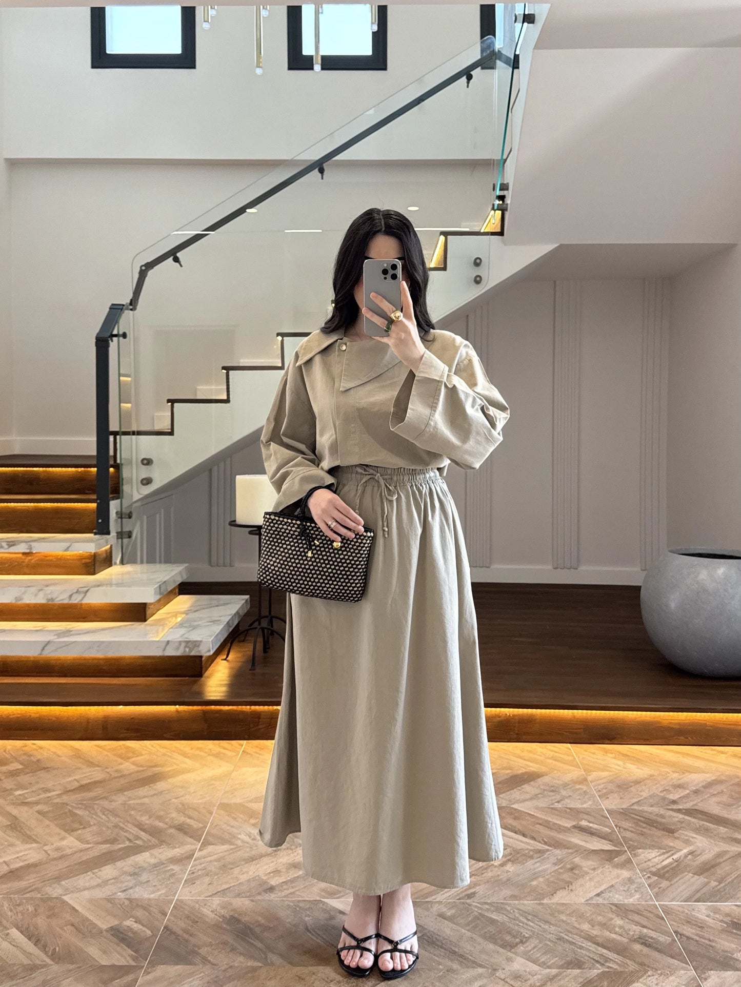 Asymmetric Collar with skirt set - olive green