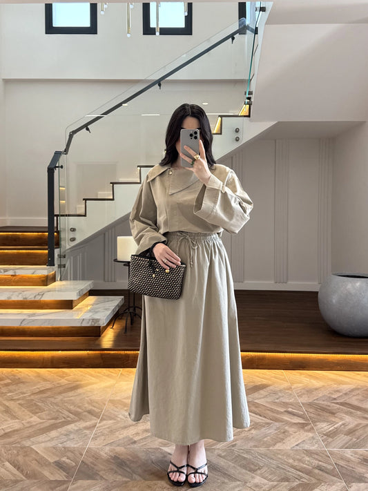 Asymmetric Collar with skirt set - olive green