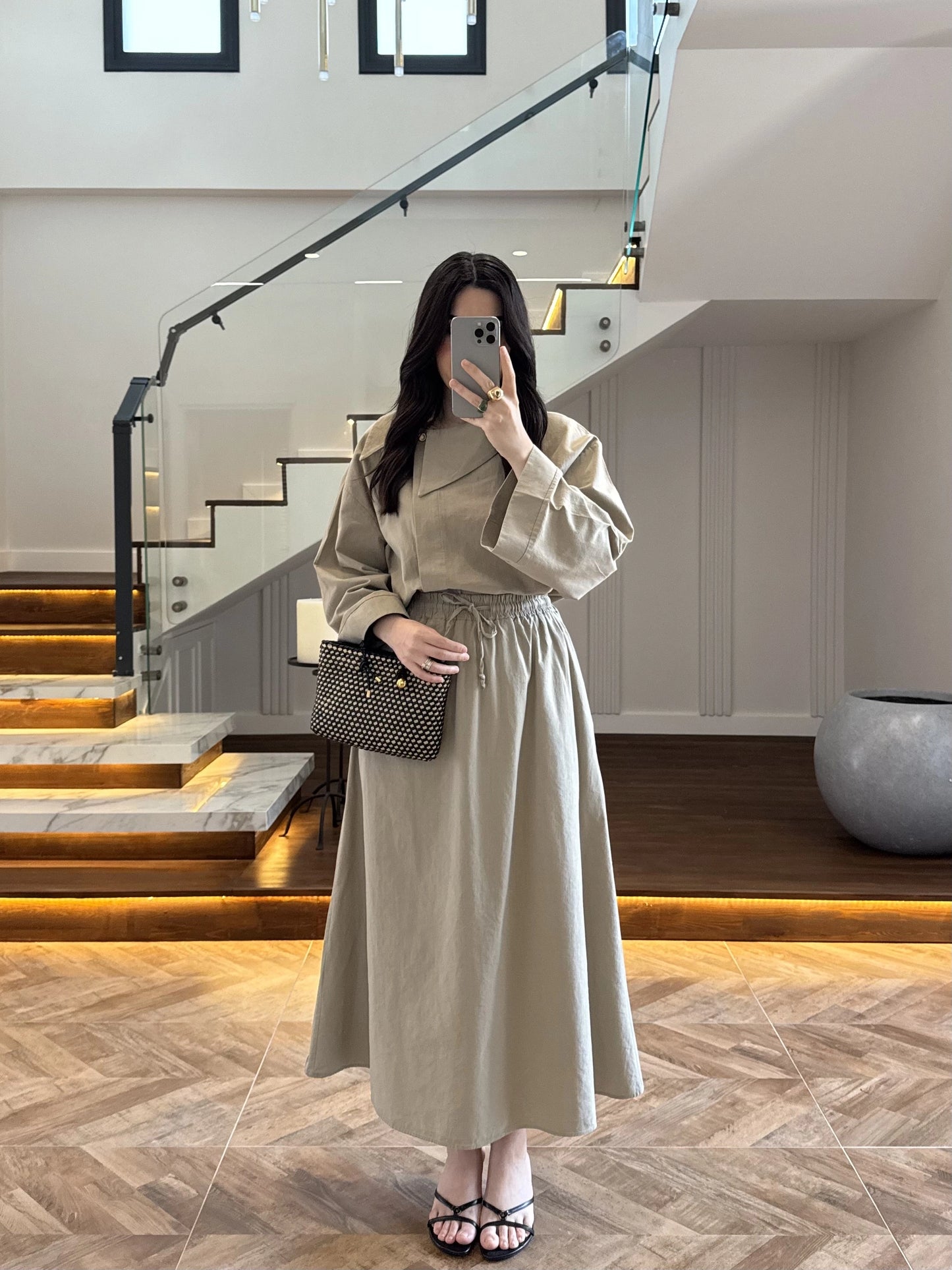 Asymmetric Collar with skirt set - olive green