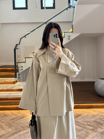 Asymmetric Collar with skirt set - olive green