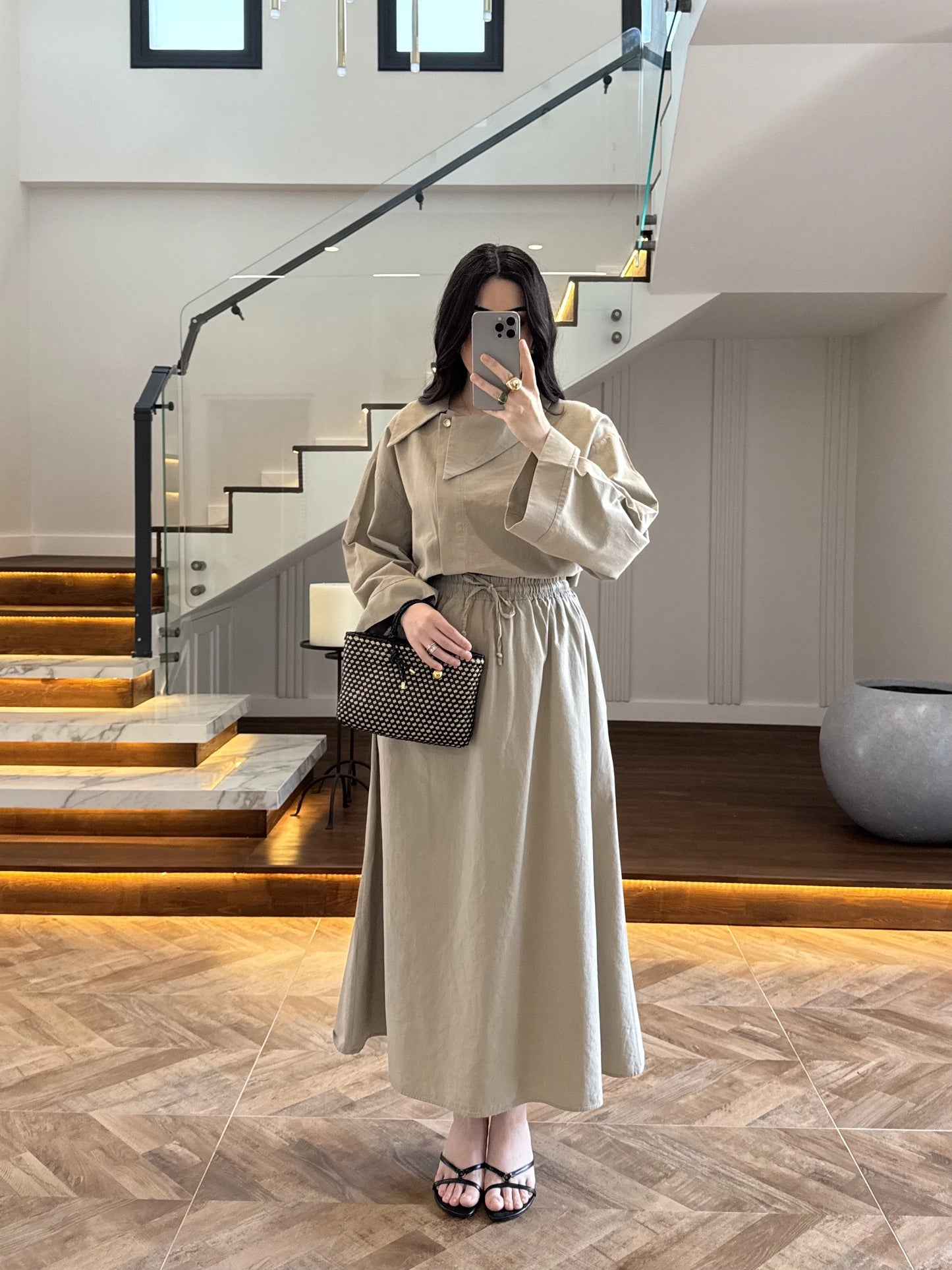 Asymmetric Collar with skirt set - olive green