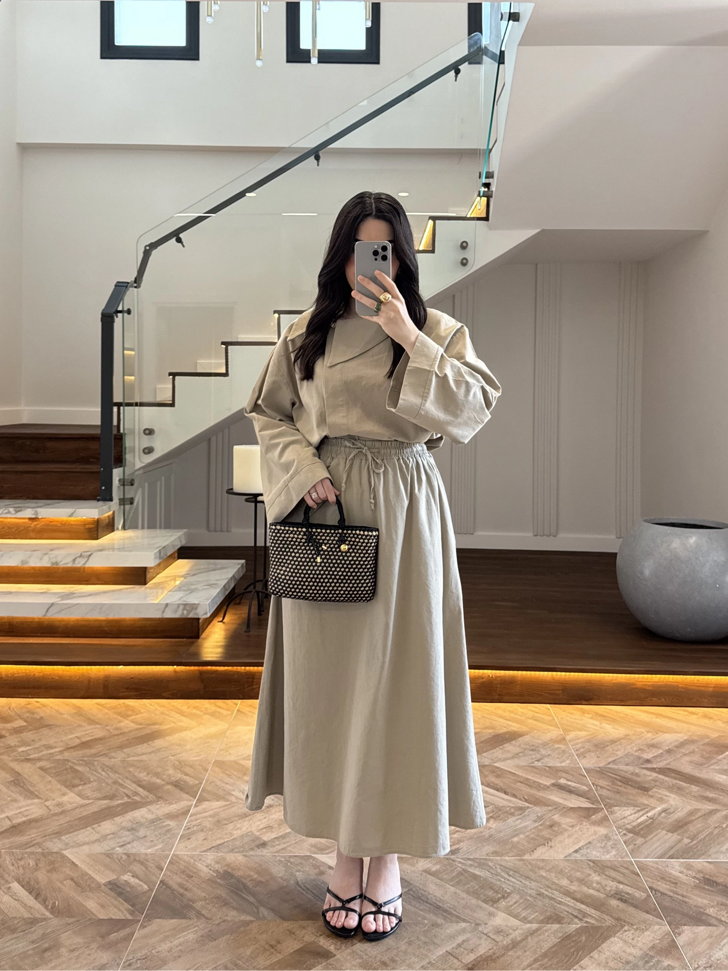 Asymmetric Collar with skirt set - olive green