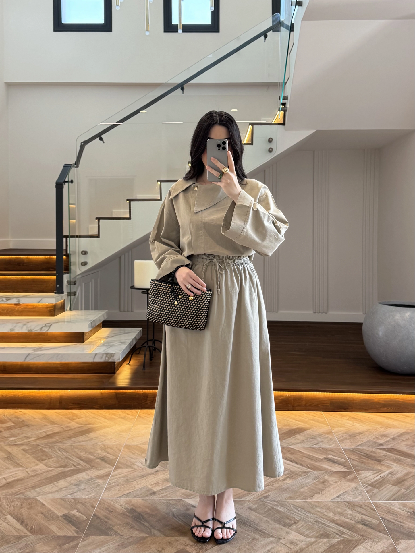 Asymmetric Collar with skirt set - olive green