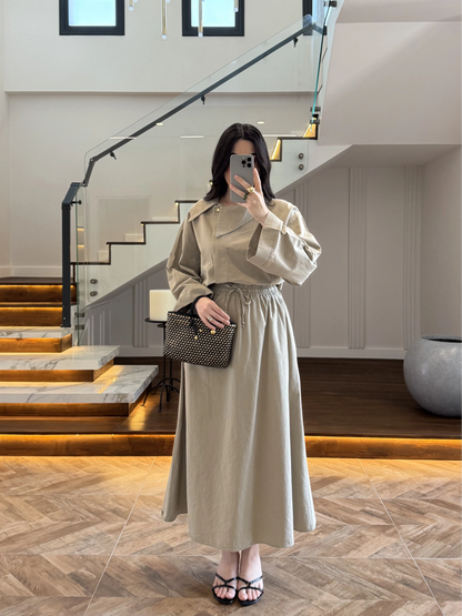 Asymmetric Collar with skirt set - olive green