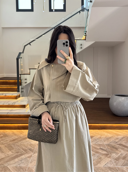 Asymmetric Collar with skirt set - olive green