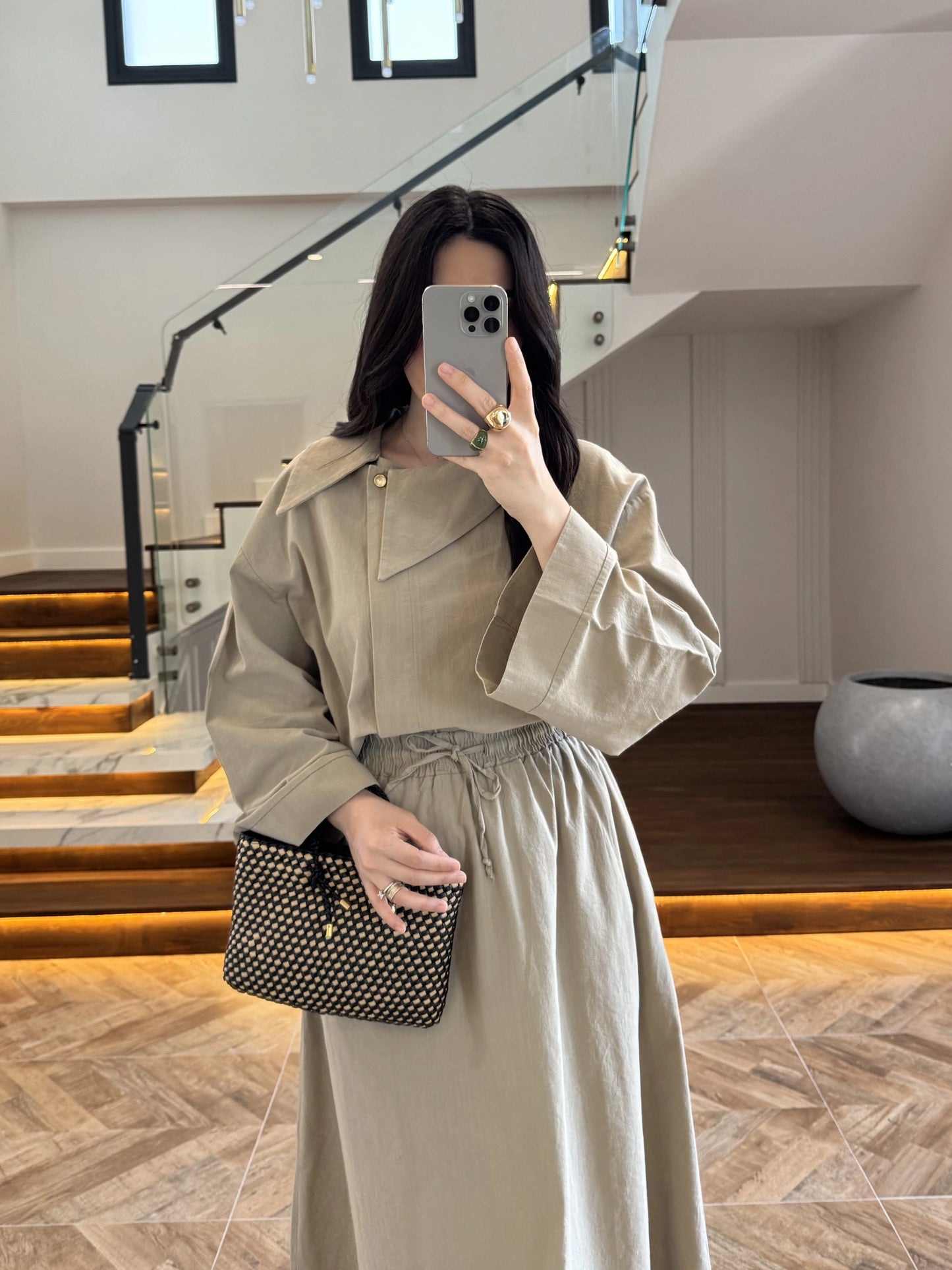 Asymmetric Collar with skirt set - olive green