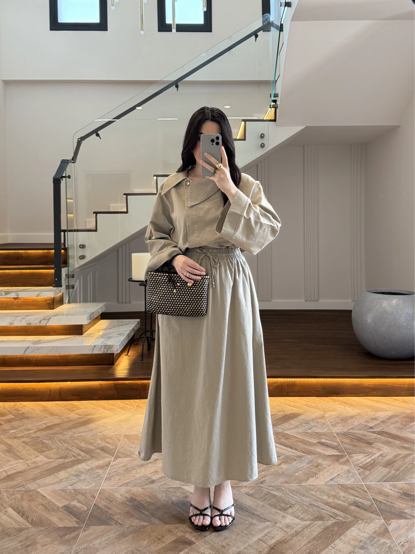 Asymmetric Collar with skirt set - olive green