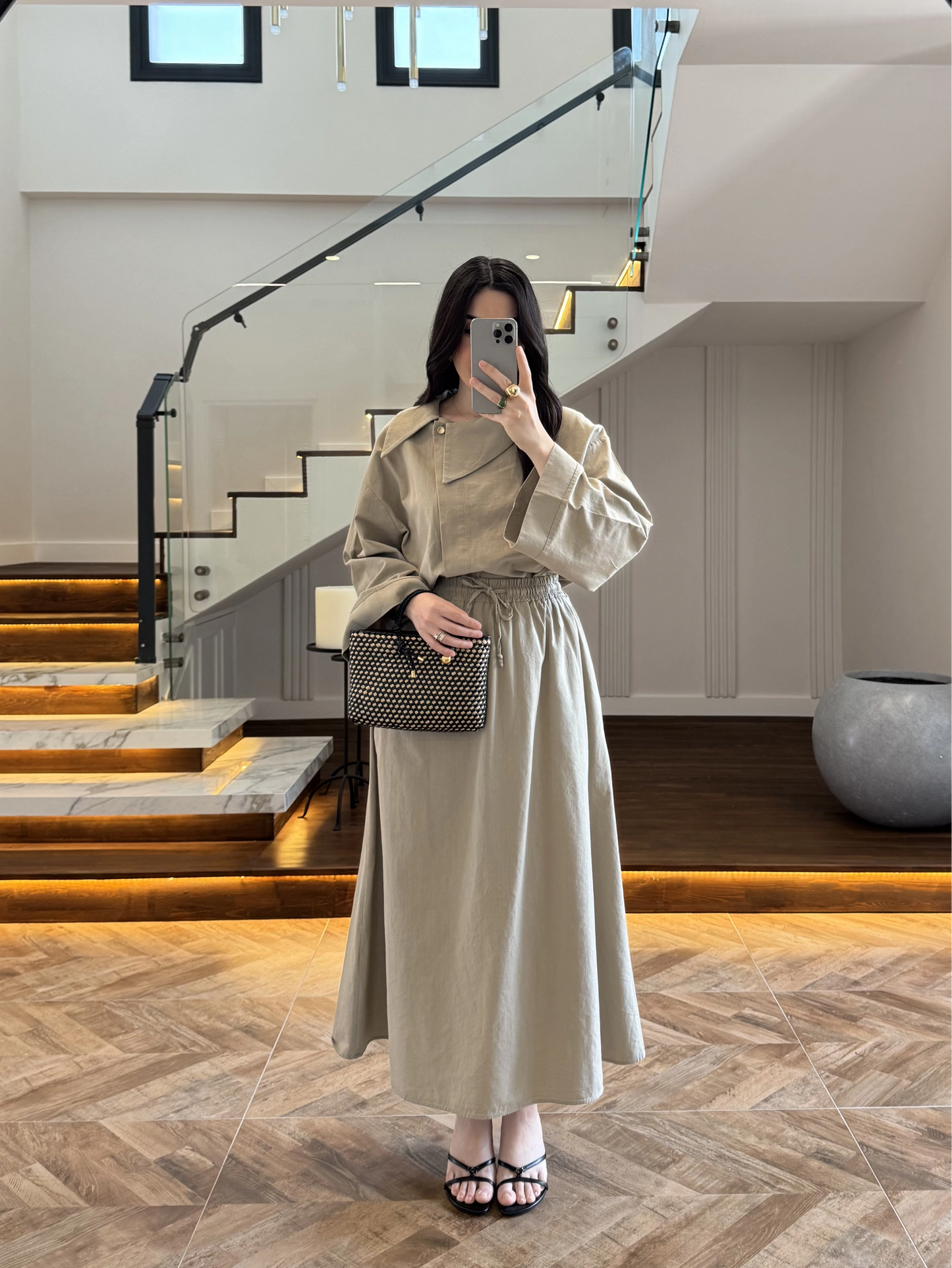 Asymmetric Collar with skirt set - olive green