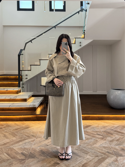 Asymmetric Collar with skirt set - olive green