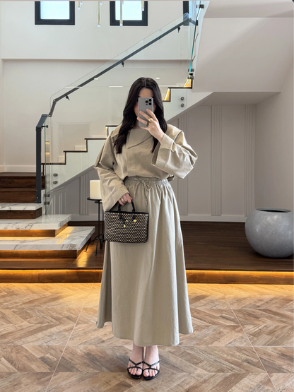 Asymmetric Collar with skirt set - olive green