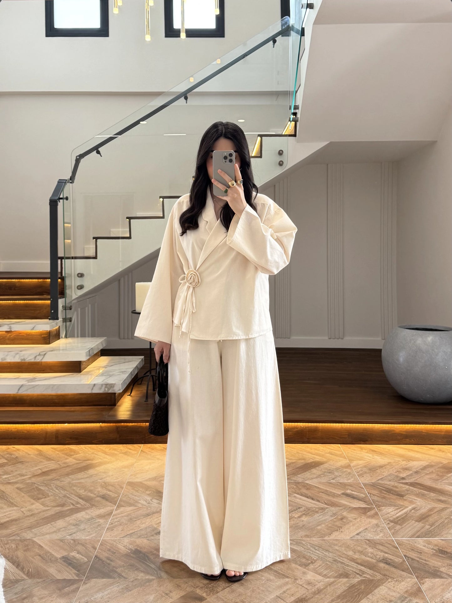 Side Tie linen jacket with waistband wide leg trouser co-ord set