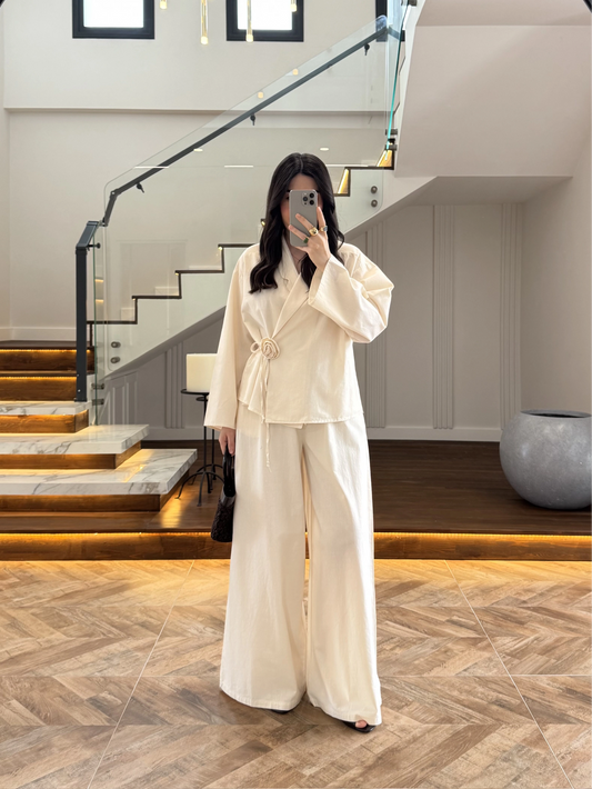 Side Tie linen jacket with waistband wide leg trouser co-ord set