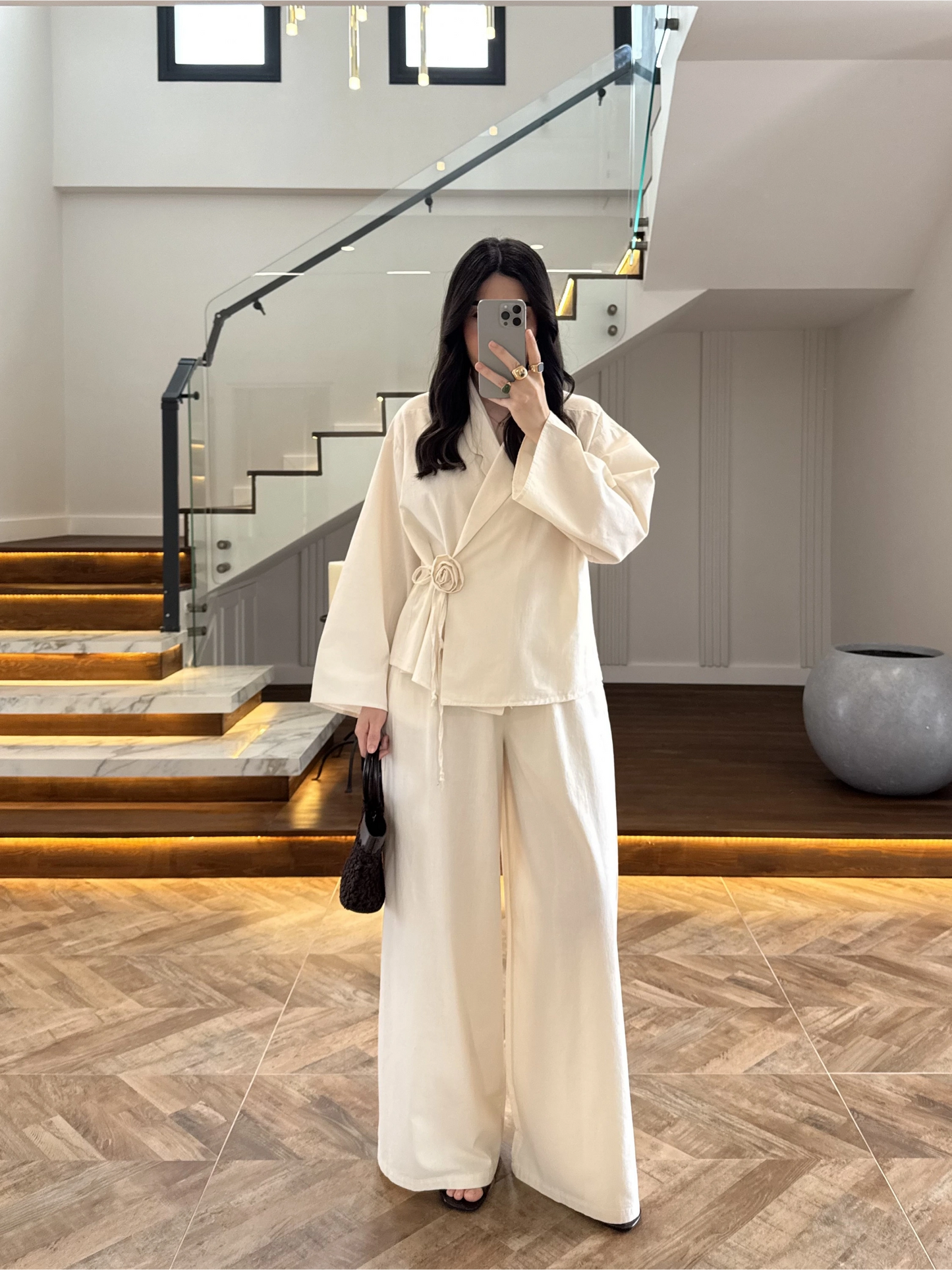Side Tie linen jacket with waistband wide leg trouser co-ord set