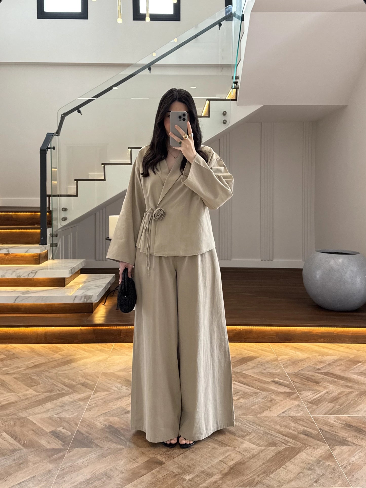 Side Tie linen jacket with waistband wide leg trouser co-ord set