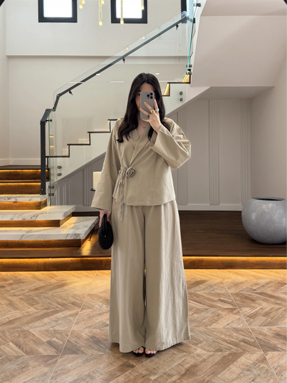 Side Tie linen jacket with waistband wide leg trouser co-ord set