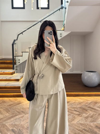 Side Tie linen jacket with waistband wide leg trouser co-ord set