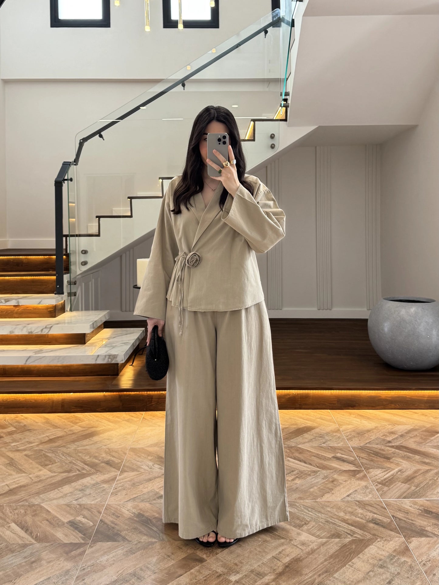 Side Tie linen jacket with waistband wide leg trouser co-ord set