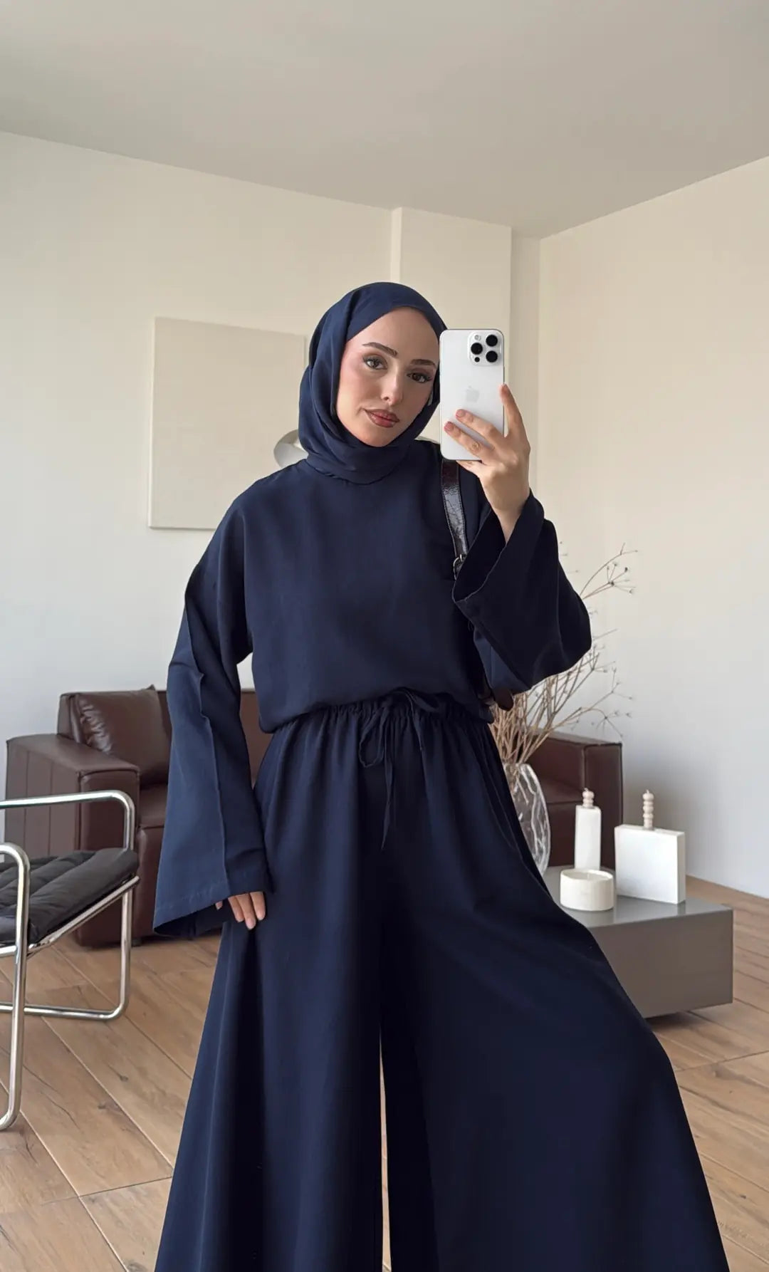 Linen Wide-Leg Blouse Set - navy blue