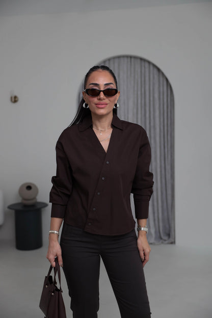 Two-piece shirt (wrappable like a skirt) in brown poplin fabric with an elegant design