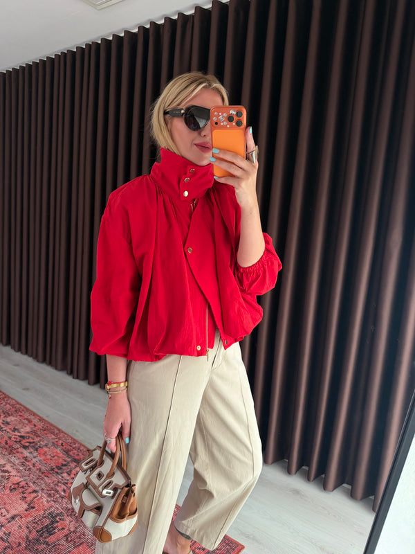 Parachute fabric High-Neck Bomber with gold snaps  - Red