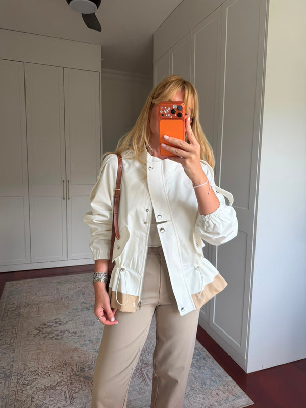 White High-Neck Jacket with Gathered Waist