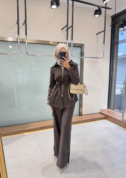 Full-zip denim shirt with side-zip straight-leg trousers co-ord set - brown