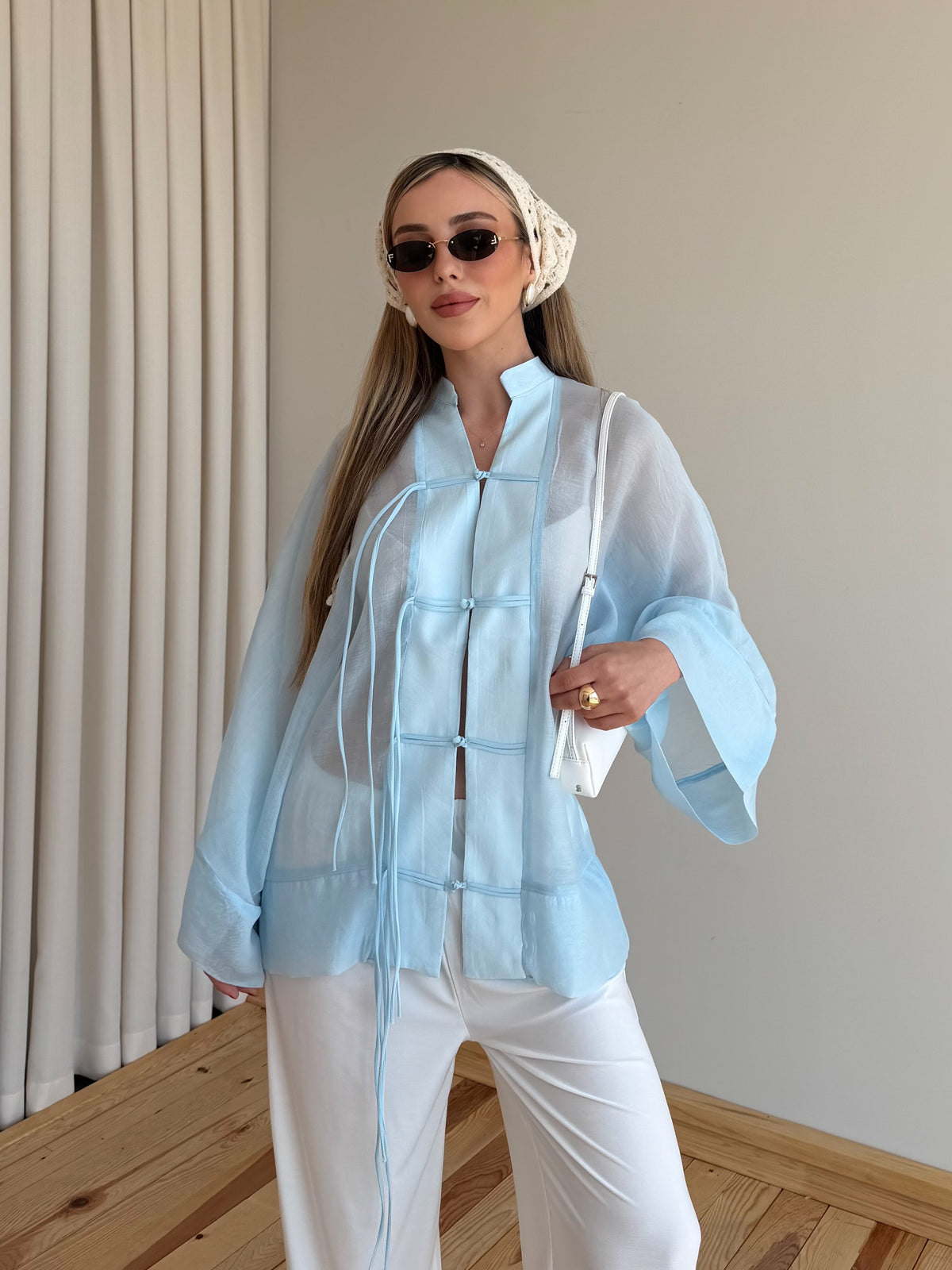 Chinese Buttoned Transparent Shirt - blue