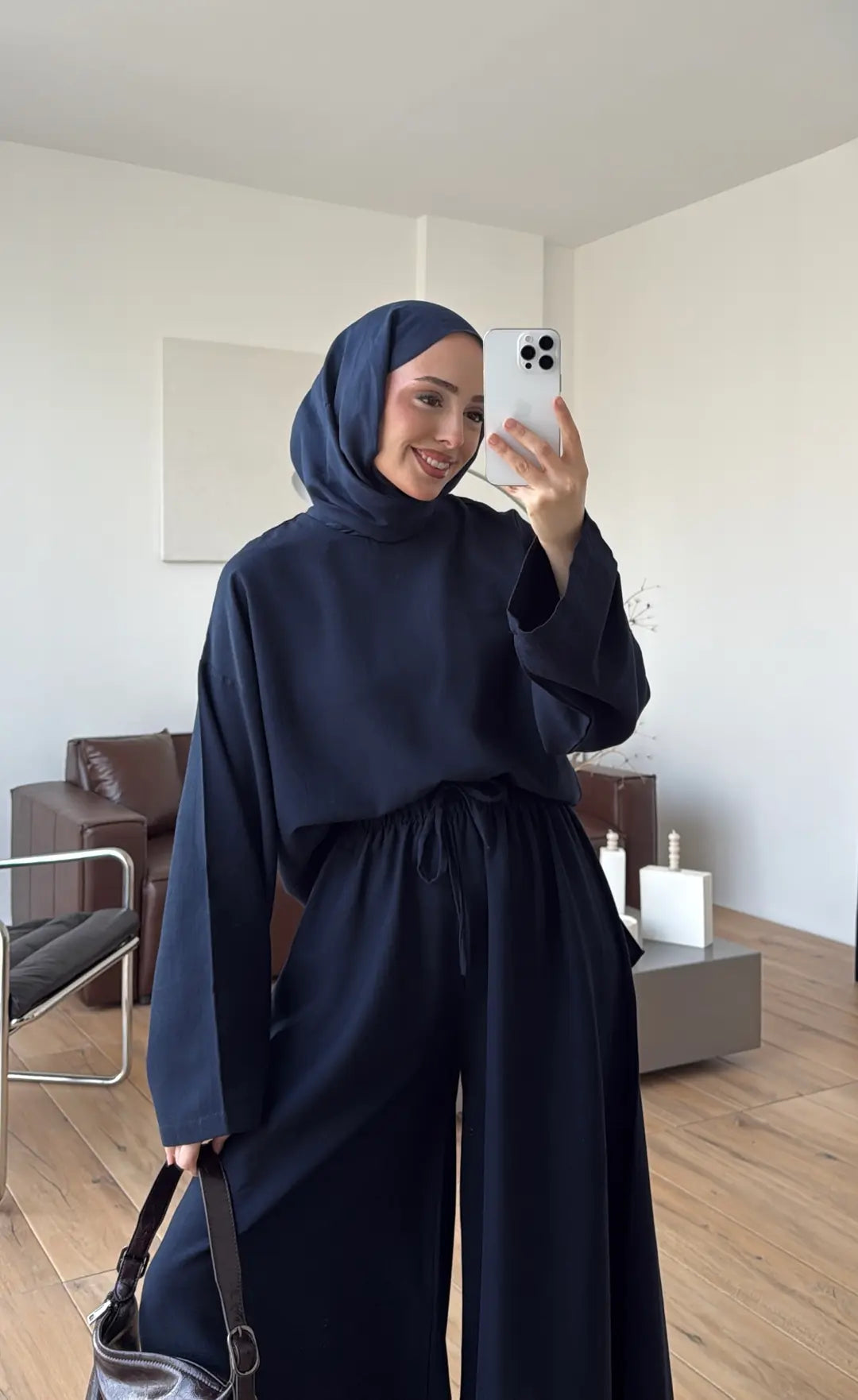 Linen Wide-Leg Blouse Set - navy blue