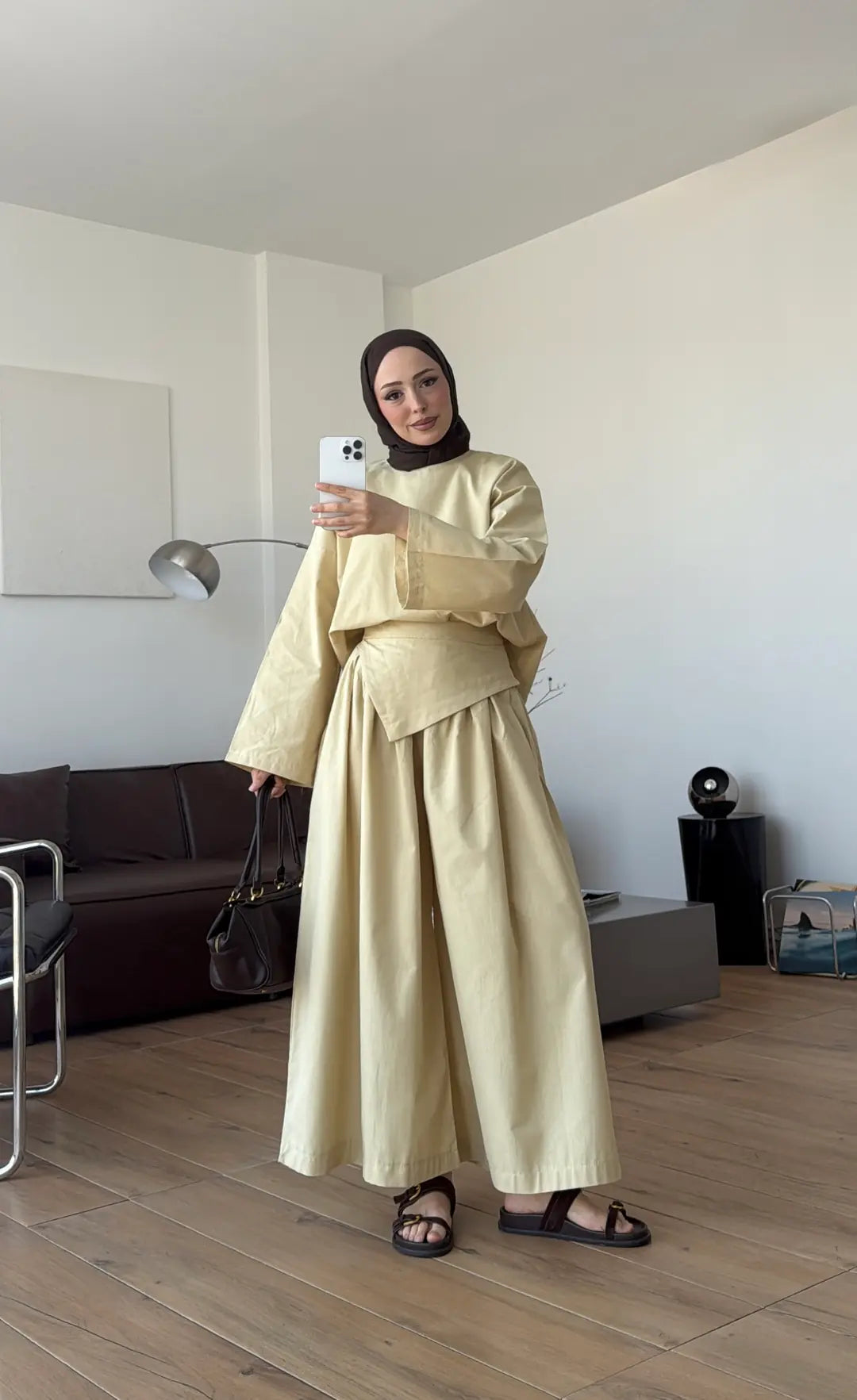 Wide sleeve blouse, Wide-leg trouser with Asymmetric attached Linen Suit