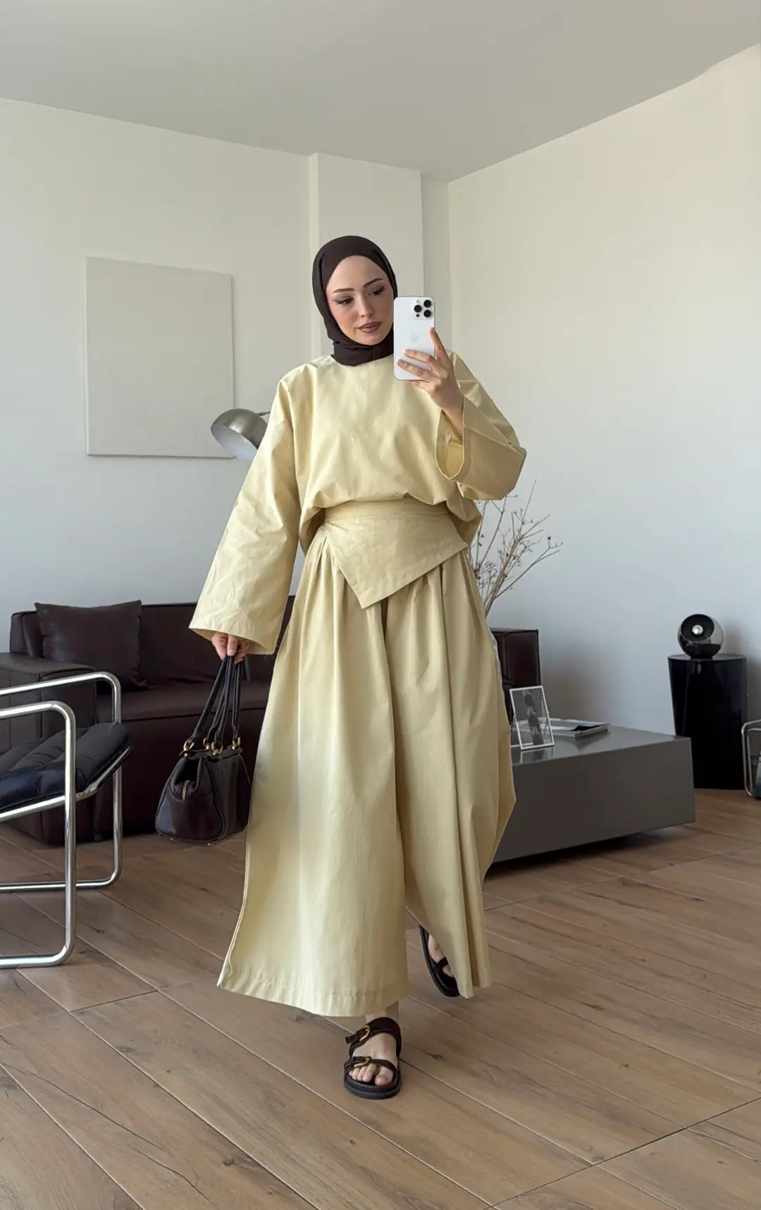 Wide sleeve blouse, Wide-leg trouser with Asymmetric attached Linen Suit
