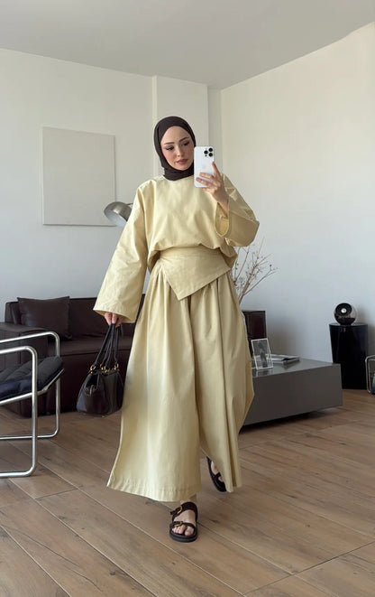 Wide sleeve blouse, Wide-leg trouser with Asymmetric attached Linen Suit
