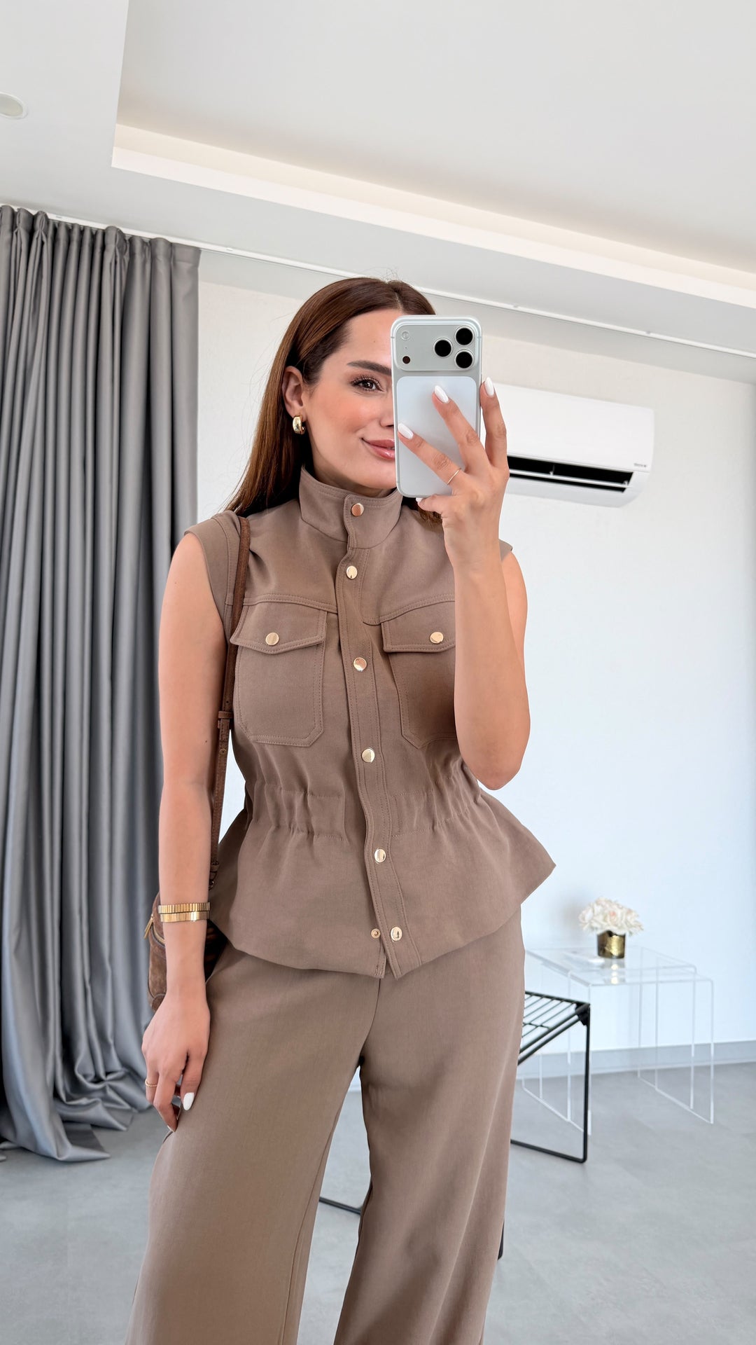 Stand-Up Collar Elastic Waist sleeveless Set - Mocha brown