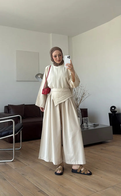 Wide sleeve blouse, Wide-leg trouser with Asymmetric attached Linen Suit