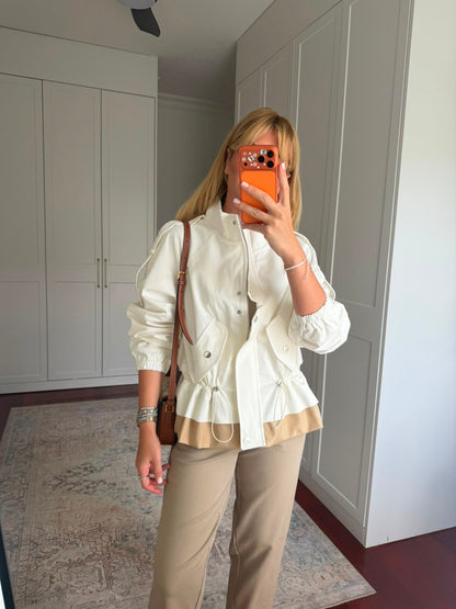 White High-Neck Jacket with Gathered Waist