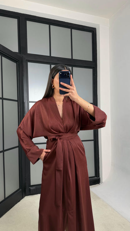 Premium Satin Dress with Slit and Belt