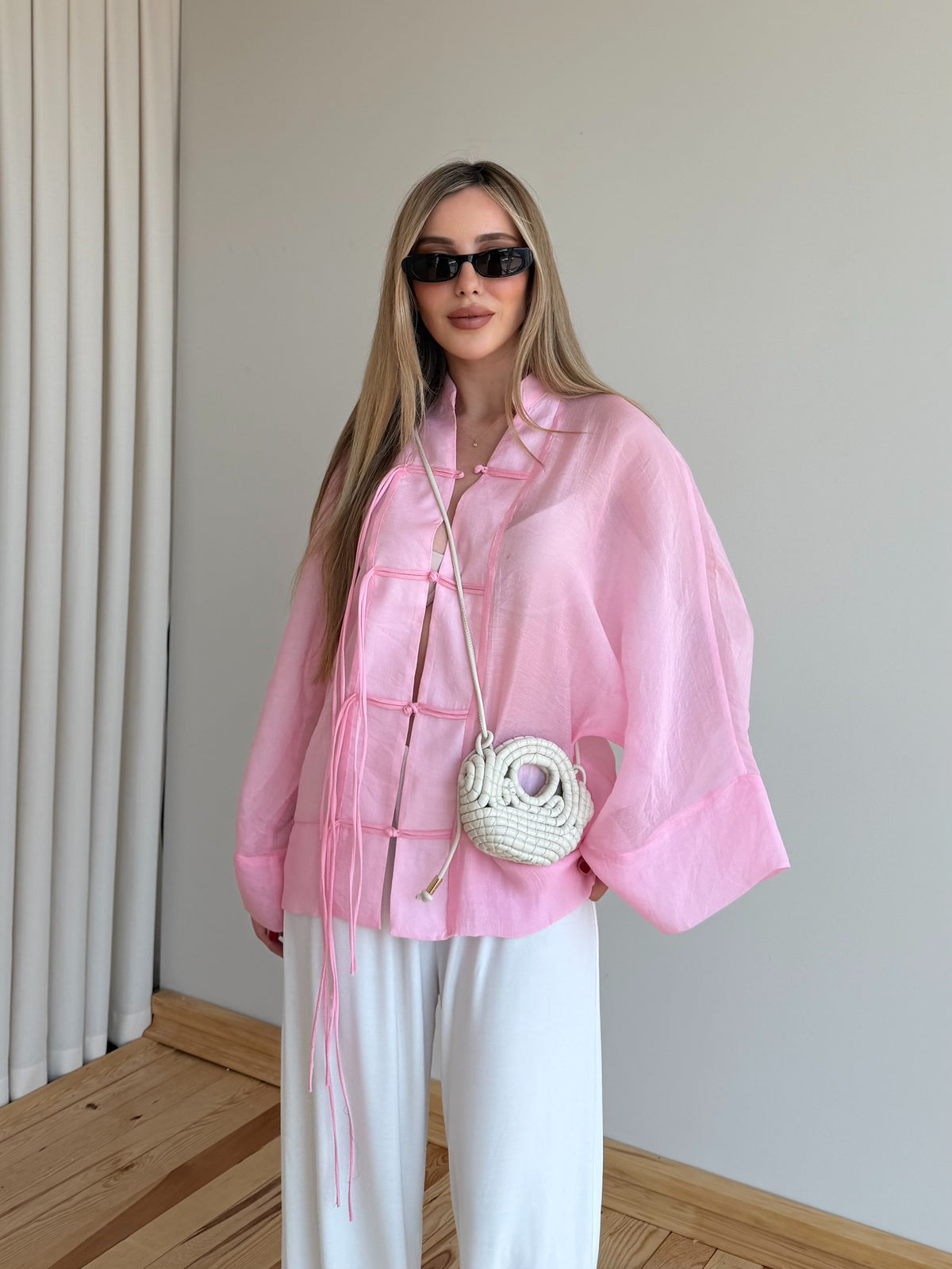 Chinese Buttoned Transparent Shirt - pink