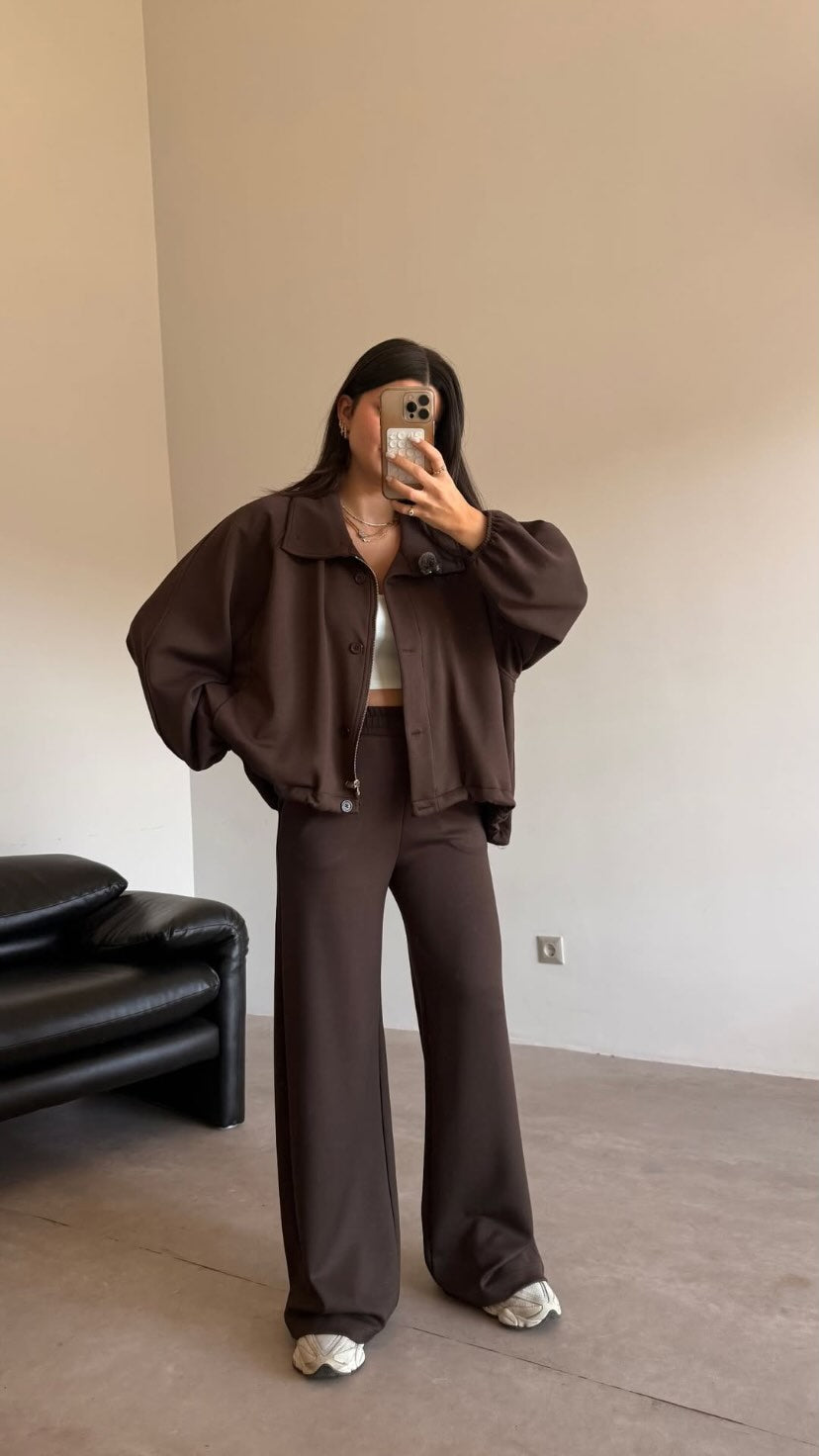 Oversized jacket with waistband straight leg trouser oysho fabric set - brown
