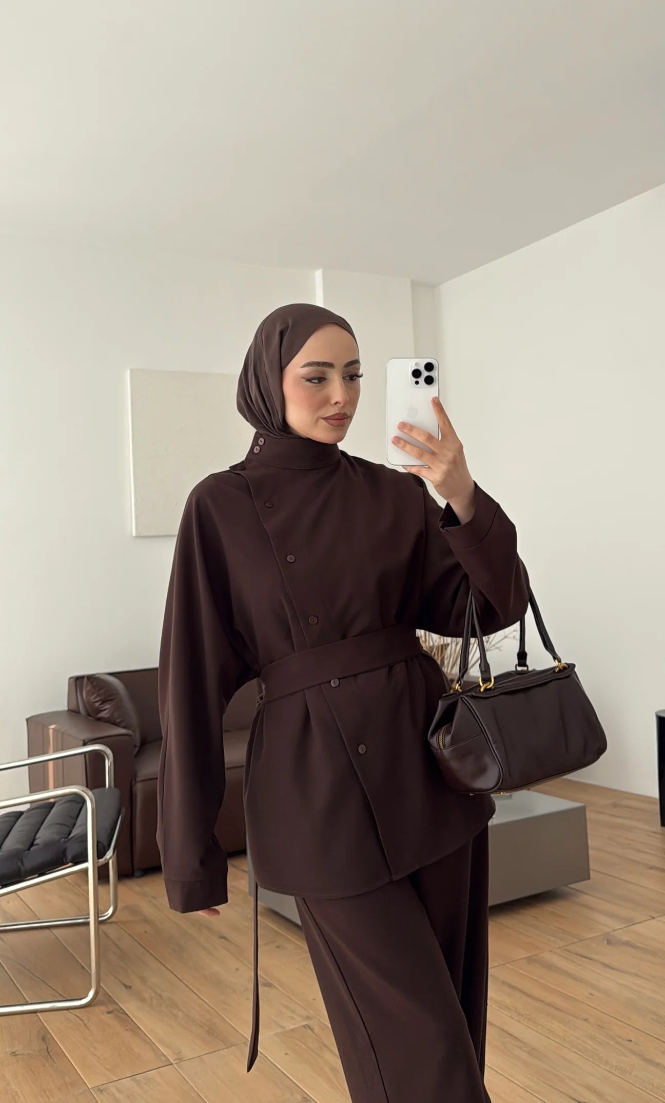Belted side buttons shirt ,waistband straight leg trouser co-ord set-brown