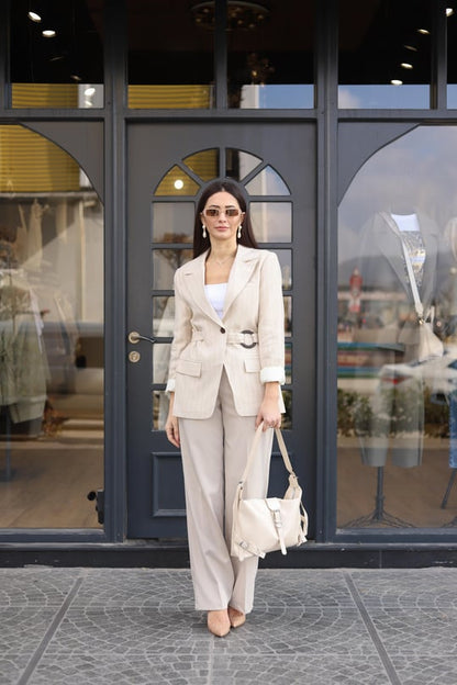 Striped blazer with side belt
