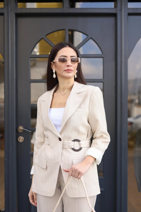 Striped blazer with side belt