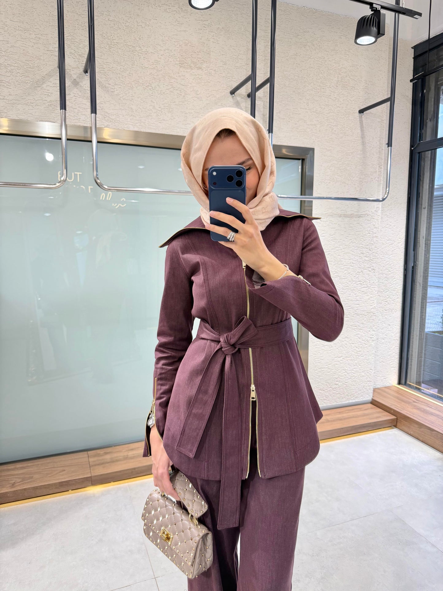 Full-zip denim shirt with side-zip straight-leg trousers co-ord set -burgundy