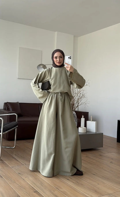 Linen Wide-Leg Blouse Set in Light Green