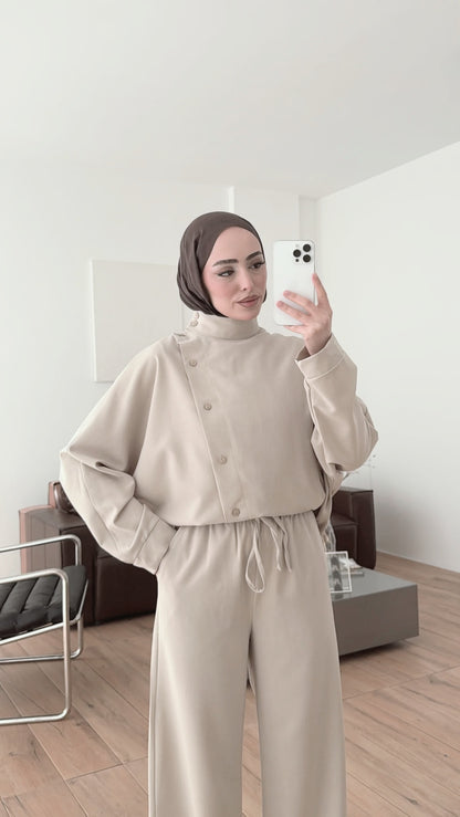 Belted side buttons shirt ,waistband straight leg trouser co-ord set-beige