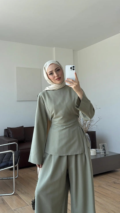 Vera Slit Detail Linen Set - Light Green